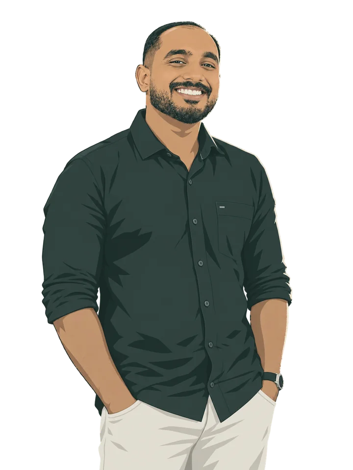 Illustrated portrait of Hareendran, smiling, hands in pockets